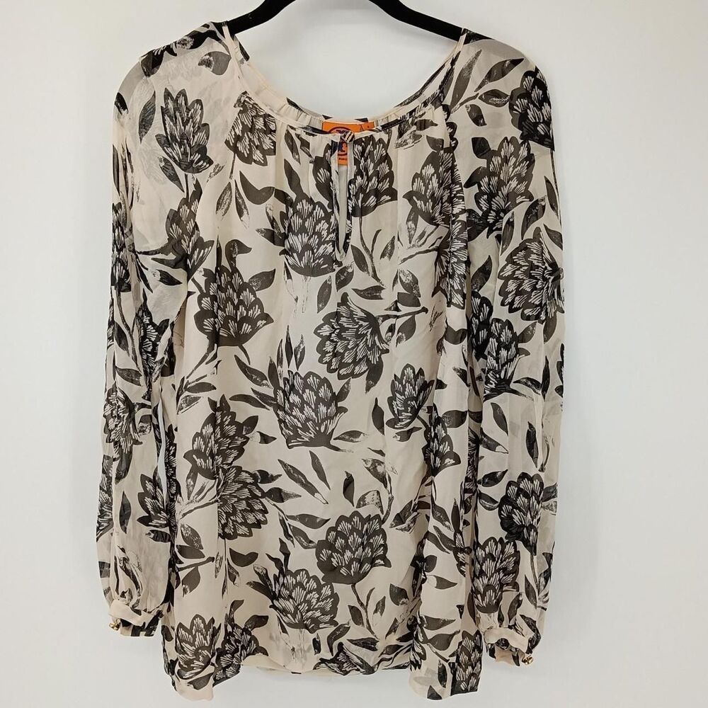 Tory Burch 100% Silk Floral Blouse Keyhole Neck Sheer Sleeves Boho 6